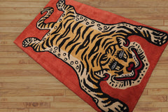 Hardouin 3x5 Hand Tufted Hand Made 100% Wool Tiger Novelty Oriental Area Rug Teracotta,Gold Color