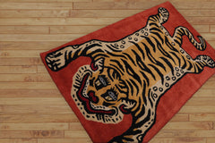Hardouin 3x5 Hand Tufted Hand Made 100% Wool Tiger Novelty Oriental Area Rug Teracotta,Gold Color