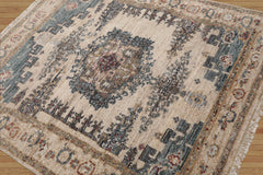 5' 2''x6' 1'' Beige Blue Tan Color Hand Knotted All-Over 100% Wool Traditional Oriental Rug