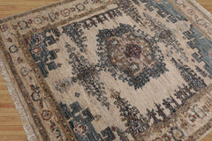 5' 2''x6' 1'' Beige Blue Tan Color Hand Knotted All-Over 100% Wool Traditional Oriental Rug