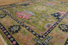 9' x12' Green Rust Navy Color Hand Knotted All-Over 100% Wool Traditional Oriental Rug