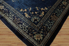 10x14 Royal Blue, Beige Hand Knotted 100% Wool Art Deco Traditional Oriental Area Rug