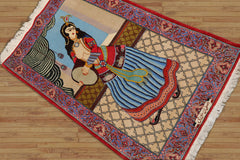 Leslieann 2x3 Hand Knotted 100% Wool Pictorial Tapestry Isfahan 300 KPSI Oriental Area Rug Beige, Blue Color