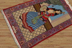 Leslieann 2x3 Hand Knotted 100% Wool Pictorial Tapestry Isfahan 300 KPSI Oriental Area Rug Beige, Blue Color