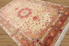 6' 7''x10' 2'' Hand Knotted Wool and Silk Traditional Tabriz 300 KPSI Oriental Area Rug Ivory, Peach Color