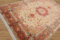 6' 7''x10' 2'' Hand Knotted Wool and Silk Traditional Tabriz 300 KPSI Oriental Area Rug Ivory, Peach Color