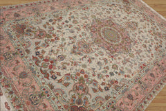 Victoria 6x9 Hand Knotted Wool and Silk Traditional Tabriz Master Weaver Signed 400 KPSI Oriental Area Rug Ivory, Blush Color
