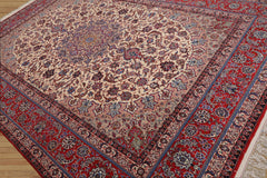 9x12 Hand Knotted Wool and Silk Traditional Isfahan 300 KPSI Oriental Area Rug Ivory, Red Color