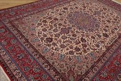 9x12 Hand Knotted Wool and Silk Traditional Isfahan 300 KPSI Oriental Area Rug Ivory, Red Color