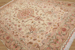 8x10 Hand Knotted Wool and Silk Traditional Tabriz 400 kpsi Oriental Area Rug Ivory, Tan Color