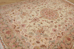8x10 Hand Knotted Wool and Silk Traditional Tabriz 400 kpsi Oriental Area Rug Ivory, Tan Color