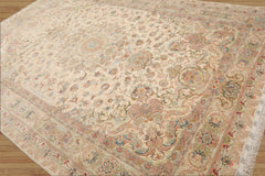 8x10 Hand Knotted Wool and Silk Traditional Tabriz 300 KPSI Oriental Area Rug Ivory, Taupe Color