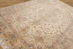 8x10 Hand Knotted Wool and Silk Traditional Tabriz 300 KPSI Oriental Area Rug Ivory, Taupe Color