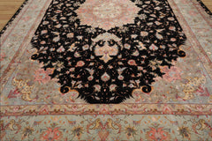 Palace Hand Knotted Wool and Silk Tabriz Traditional 400 KPSI Oriental Area Rug Black, Aqua Color