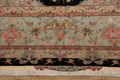 Palace Hand Knotted Wool and Silk Tabriz Traditional 400 KPSI Oriental Area Rug Black, Aqua Color