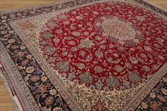 10x14 Hand Knotted Wool and Silk Traditional 350 KPSI Isfahan Master weaver Oriental Area Rug Red, Navy Color