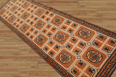 Runner Hand Knotted Tibetan 100% Wool Greek Key Transitional Oriental Area Rug Beige, Brown Color