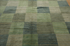 8x10 Hand Knotted Tibetan 100% Wool Michaelian & Kohlberg Modern & Contemporary Checked Area Rug Aqua, Gray Color