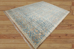 8 x 10  Aqua Beige Gray Color Hand Knotted All-Over 100% Wool Transitional Oriental Rug
