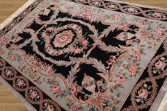 6x9 Hand Knotted Aubusson Savonnerie 100% Wool Asmara Traditional Oriental Area Rug Black, powder Blue Color