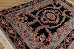 6x9 Hand Knotted Aubusson Savonnerie 100% Wool Asmara Traditional Oriental Area Rug Black, powder Blue Color