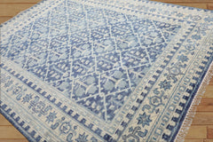 8 x 10  Blue Cream Gray Color Hand Knotted All-Over 100% Wool Transitional Oriental Rug