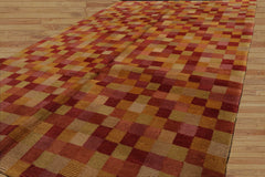 5x7 Hand Knotted Tibetan 100% Wool Michaelian & Kohlberg Checked Modern & Contemporary Oriental Area Rug Raspberry, Gold Color