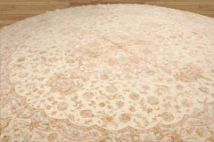13x13 Round Ivory, Taupe Hand Knotted Wool and Silk Tabriz Traditional 300 KPSI Oriental Area Rug