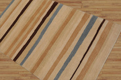 3x5 Hand-Knotted Contemporary Striped Tibetan Wool Area Rug Beige