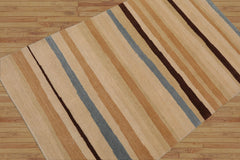 3x5 Hand-Knotted Contemporary Striped Tibetan Wool Area Rug Beige