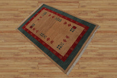 4x6 Beige Hand Knotted Tibetan Contemporary Gabehh Pictorial Wool Oriental Area Rug
