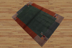 4x6 Green Hand Knotted Tibetan Contemporary Bordered Wool Oriental Area Rug