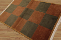 4x6 Brown Hand Knotted Tibetan Modern Geometric Checked Wool Oriental Area Rug