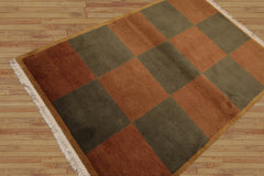 4x6 Brown Hand Knotted Tibetan Modern Geometric Checked Wool Oriental Area Rug