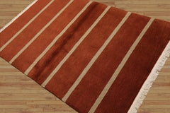 4x6 Burnt Orange Hand Knotted Tibetan Modern Striped Wool Oriental Area Rug