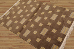 4x6 Olive Hand Knotted Modern Tibetan Geometric Wool Oriental Area Rug