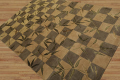 6x9 Green Hand Knotted Tibetan Transitional Floral Checked Pattern Wool Oriental Area Rug