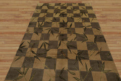 6x9 Green Hand Knotted Tibetan Transitional Floral Checked Pattern Wool Oriental Area Rug