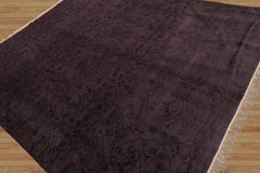 8x10 Tone on Tone Aubergine Hand Knotted Tibetan Transitional Floral Wool and Silk Oriental Area Rug