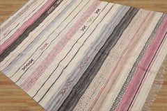 LoomBloom 5x8 Hand-Woven Bohemian Ivory Kilim Wool Rug