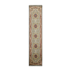 2x12 Runner Aqua Ivory Chocolate Color Hand Knotted All-Over 100% Wool Traditional Oriental Rug