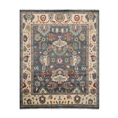 8x10 Slate, Ivory, Aqua Color Hand Knotted All-Over 100% Wool Traditional Oriental Rug