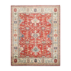 8' x10' Orangy Red Ivory Blue Color Hand Knotted All-Over 100% Wool Arts & crafts Oriental Rug