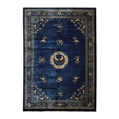 10x14 Royal Blue, Beige Hand Knotted 100% Wool Art Deco Traditional Oriental Area Rug
