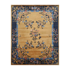 9' x12' Muddy Gold Dark Blue Light Blue Color Hand Tufted Pictorial New Zealand Wool Art Deco Oriental Rug
