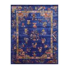 9' x12' Royal Blue Moss Pink Color Hand Tufted Pictorial New Zealand Wool Art Deco Oriental Rug