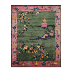 9' x12' Green Pink Gold Color Hand Tufted Pictorial New Zealand Wool Art Deco Oriental Rug