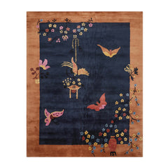 9' x12' Navy Peach Pink Color Hand Tufted Patterned New Zealand Wool Art Deco Oriental Rug
