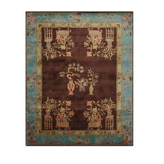 9' x12' Brown Aqua Mint Color Hand Tufted Patterned New Zealand Wool Art Deco Oriental Rug