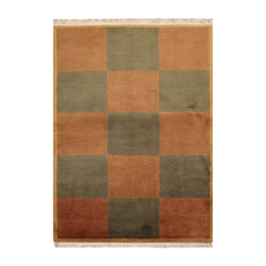 4x6 Brown Hand Knotted Tibetan Modern Geometric Checked Wool Oriental Area Rug